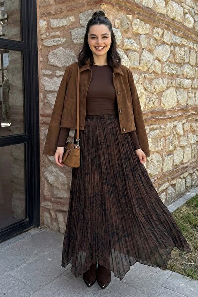 InStyle Zebra Desen Asimetrik Acı Kahve Kırışık Şifon Etek