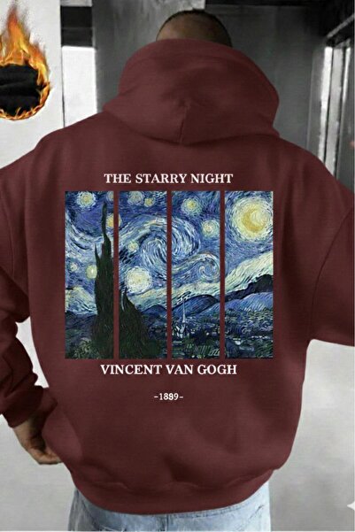 NO 601 Men's Burgundy Backpack Van Gogh Printed Hooded Sweatshirt