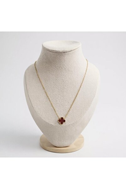 By Gizem Raja Çelik Gold Bordo Yonca Kolye
