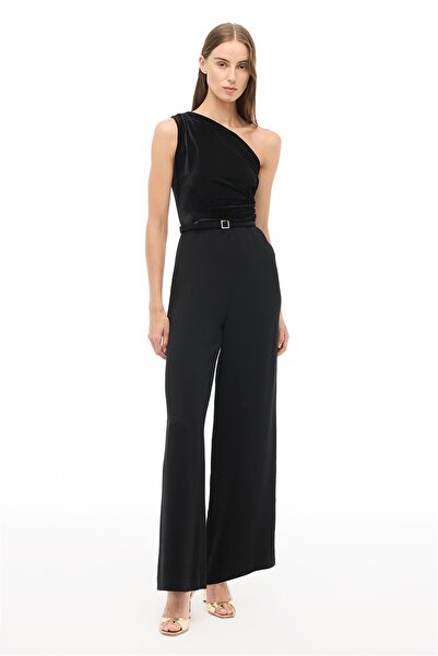 Perspective Black Slim Fit Asymmetrical Collar Zero Sleeve Long Length Jumpsuit