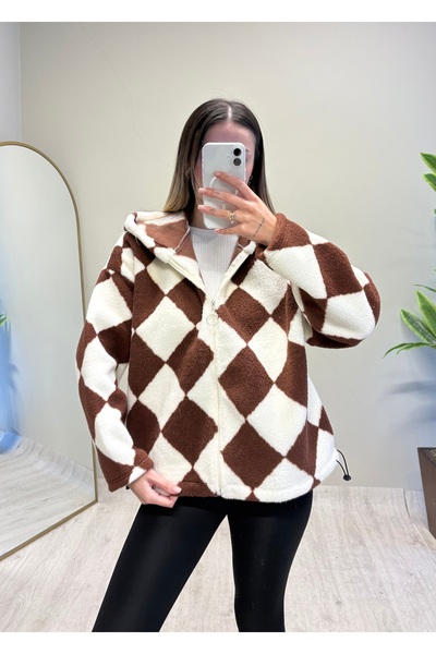 ADELLA BUTİK Peluş Cepli Kapüşonlu Desenli Mont