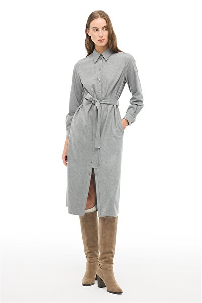 Perspective Gray Striped Shirt Collar Midi Dress