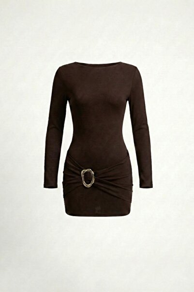 JE-TU Crew Neck Buckle Detailed Mini Design Dress Jt9352