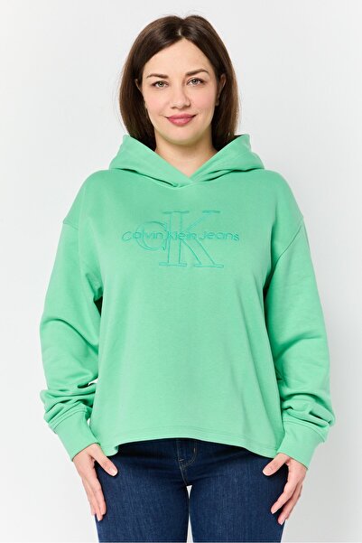 Calvin Klein هودي بأكمام طويلة مطرز بشعار جينز نسائي، أخضر