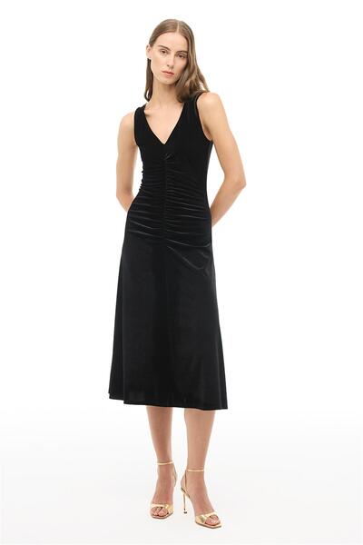 Perspective Black V-Neck Slim Fit Midi Dress