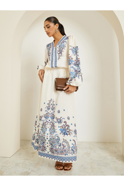 Styli Women Cream Printed A-Line Maxi Skirt