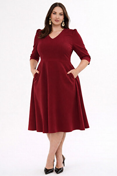 RURIS Women's Burgundy V-Neck Pocketed Three-Quarter Sleeve Midi Flared Doubl...