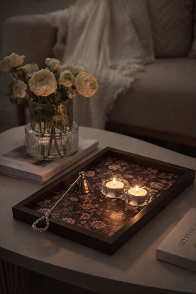 DEKORMED Brown Floral Patterned Wooden Tray / Organizer / Board