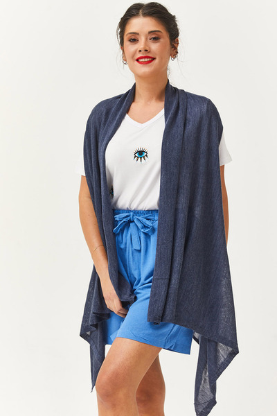 LE CARAMBOLE Women's Navy Blue Sleeveless Slim Knit Cardigan