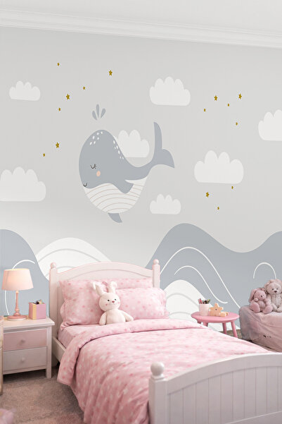 dreamwall Bulutlarda Yüzen Sevimli Balina ve Yıldızlar Tek Parça Tekstil Duva...