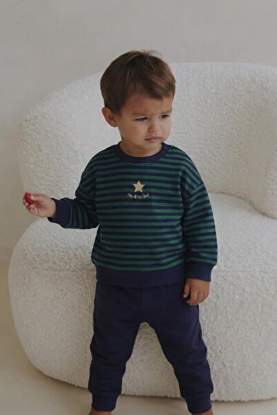Cigit Çizgili Triko Erkek Bebek Takım 0-3 Yaş Haki Lacivert Çizgili