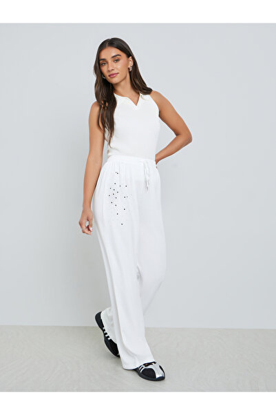 Styli Women White Rhinestone Wide-Leg Joggers