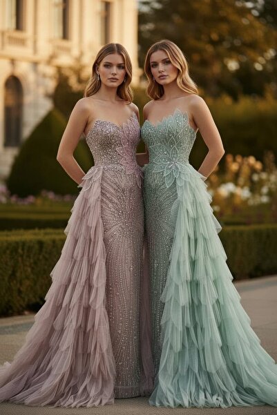 Hanımefendi Giyim فستان سهرة طويل أنيق من التول المزين بأحجار الراين وذيل منق...