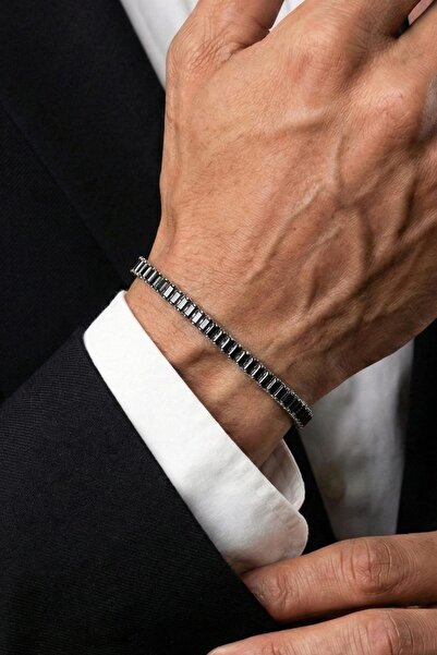 FRNCH Bronz Madenli Siyah Zirkon Taşlı Siyah Renk Tennis Erkek Bileklik FRJ12...