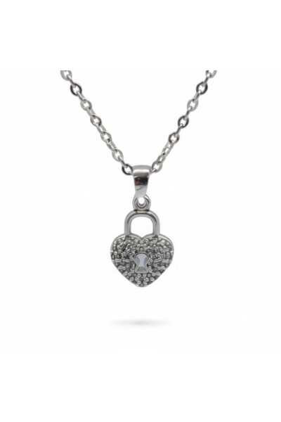 Swarovski Crystal Women's Silver Necklace with Lock Detail and Stone Heart Fi...