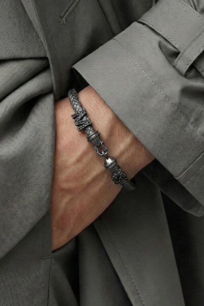 FRNCH 925 Ayar Gümüş İtalyan Model Harfli Füme Renk Erkek Bileklik FRJ12829-3...