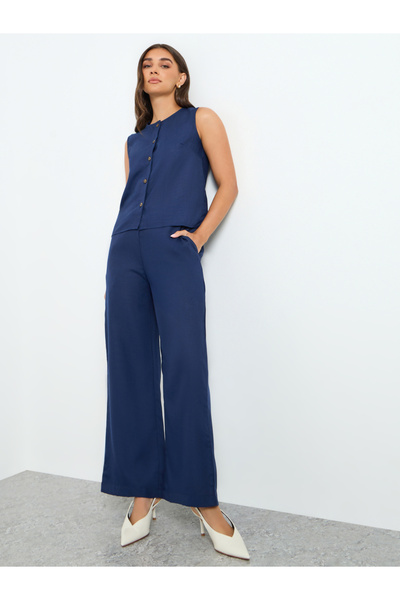 Styli Women Navy Blue Wide Leg Trousers