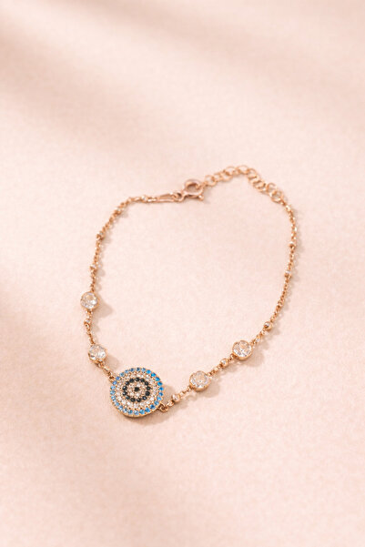 OSMANLI GÜMÜŞ Kadın Gümüş Bileklik - Rose Kaplama Nazar Boncuk Desenli Zirkon...