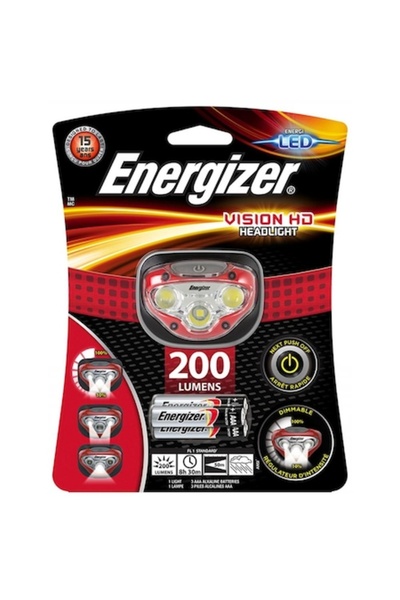 Energizer Lanternă frontală Vision HD, 200 lm, 50 m + 3 baterii AAA, roșie