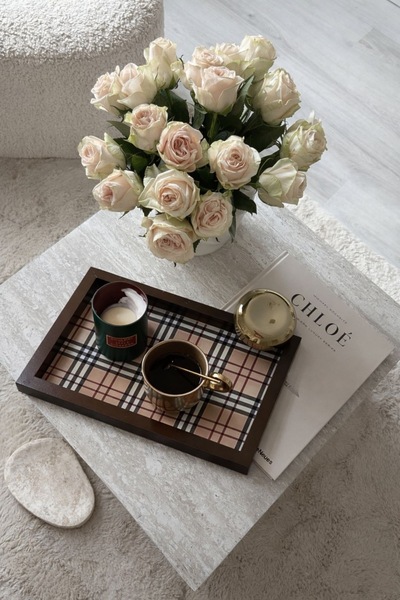 DEKORMED Plaid Pattern Brown Wooden Tray/ Presentation Tray/ Organizer