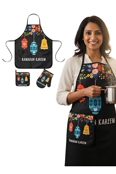 Premium Ramadan Kareem Kitchen Apron Set Floral Lantern Apron Mitt Pot Holder