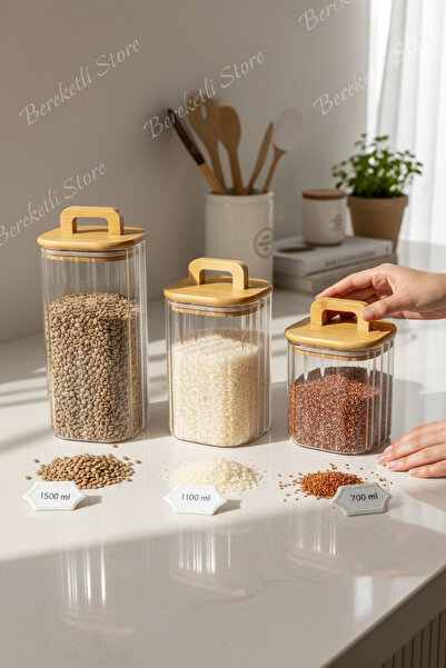 MİEN Bambu Kapaklı Çizgili Cam Kavanoz Seti 3’lü | Dekoratif Mutfak Saklama K...