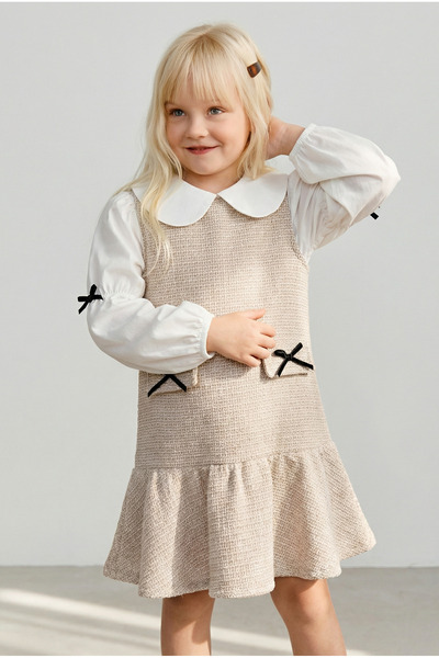 Magu Girl's Cotton Beige Shirt Collar Dress 2 Piece Dress