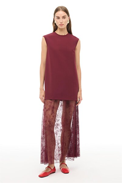 Perspective Burgundy Round Neck Long Dress