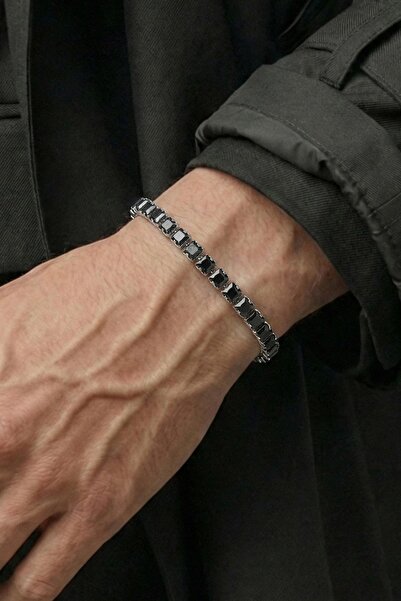 FRNCH Bronz Madenli Siyah Zirkon Taşlı Siyah Renk Tennis Erkek Bileklik FRJ12...