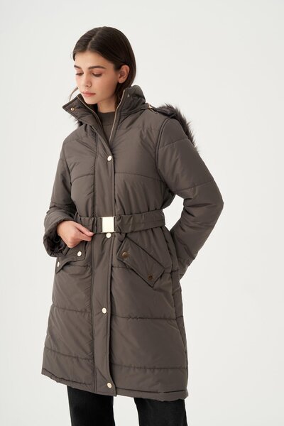 ALLDAY Gray Hooded Fur-Lined Snap-On Coat