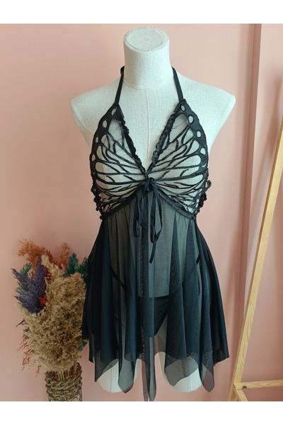 Nightlight Butterfly Önden Yırtmaçlı Çeyizlik Kadın Tül Gecelik / Tanga Set-S...