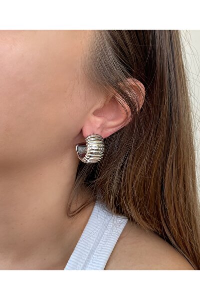 nerora Thick Beveled Line Patterned Half Hoop Steel Silver Earrings