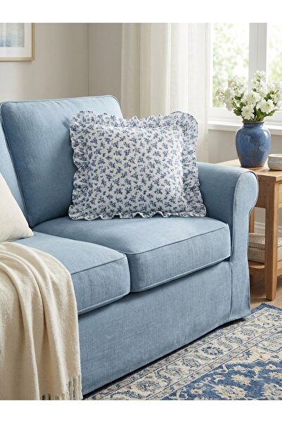 LILYUM Pamuklu Çiçek Desenli Fırfırlı Dekoratif Kırlent Kılıfı 43x43 CM