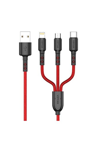 VIPFAN USB/USB-C/Lightning/Micro USB кабел, 3.5A, 1.5 м, червен