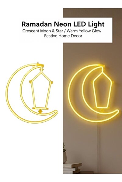 Premium Ramadan Neon LED Crescent Moon Lantern Light Warm Yellow Home Decor