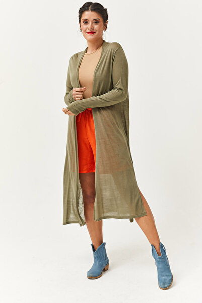 LE CARAMBOLE Women's Khaki Thin Slit Long Knit Cardigan