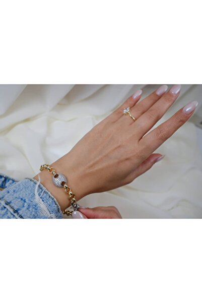 ATELİER TUĞBA Blk231 Zircon Stone Medium Plate Two-Color Bracelet (19 cm + 3 ...