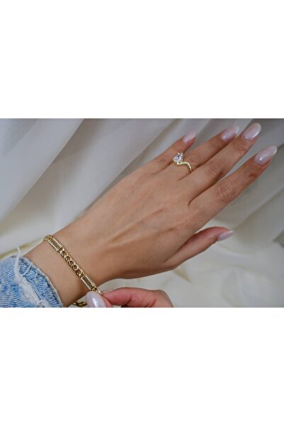 ATELİER TUĞBA Blk224 Stone-Embellished Model Gold Bracelet (17 cm + 2 cm Exte...
