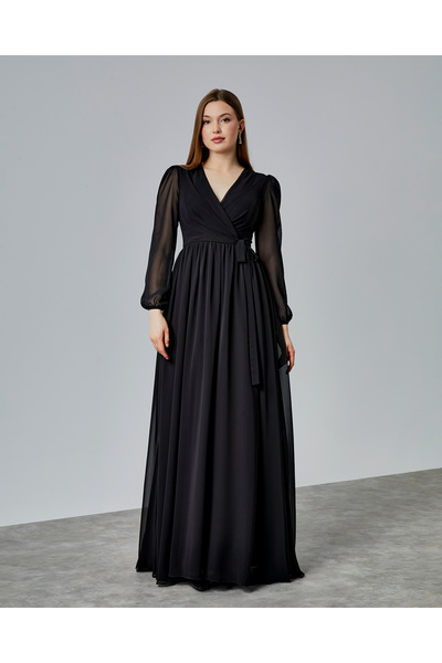 Asees Kruvaze Yaka kuşaklı Şifon Abiye Elbise