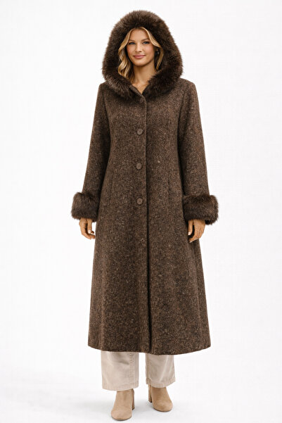 Butik Ayseba Park Moda Long Felt Coat with Fur Sleeves and Hood