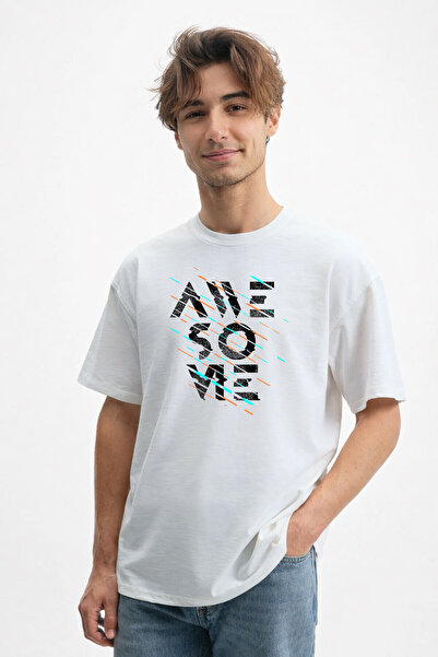 caddekombin Tricou alb din bumbac 100% pentru bărbați, cu efect de glitch tex...