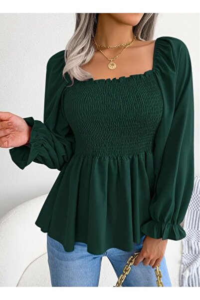 Zerenyus Women's Long Sleeve Geometric Neckline Gipe Detailed Crepe Blouse