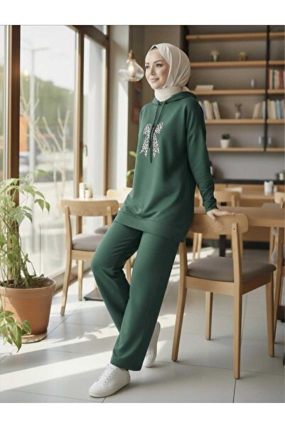 SHİROSA Hooded Ribbon-Printed Hijab Two-Piece Set