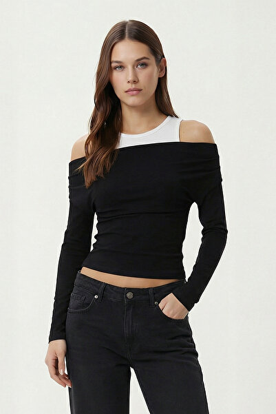 Lovelyİstanbul Open Shoulder Athlete Viscose Blouse Llw0005 Black Ecru