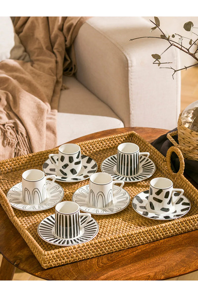 LC Waikiki Siyah 6 Kişilik Baskılı Porselen Kahve Fincan Takımı 90 Ml