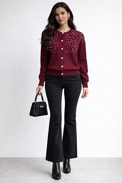 Nursay Knitted Cardigan with Stones on the Front