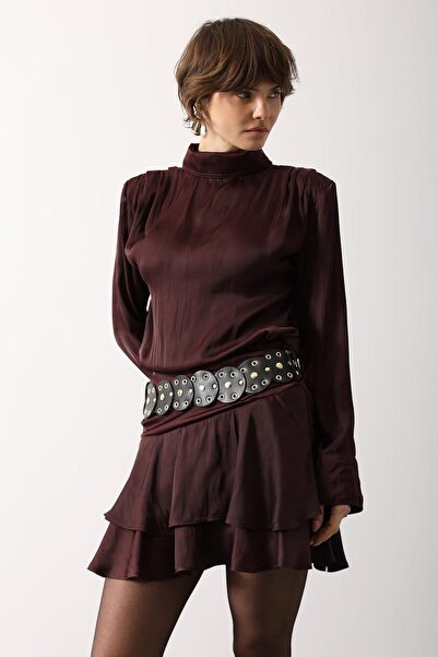 Trend Alaçatı Stili Women's maroon belt detailed satin mini skirt alc-x15206