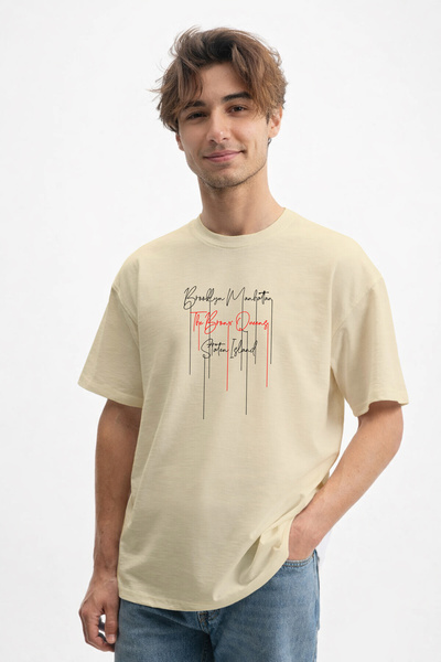 caddekombin Ανδρικό μπλουζάκι μπεζ με στάμπα New York Neighborhoods