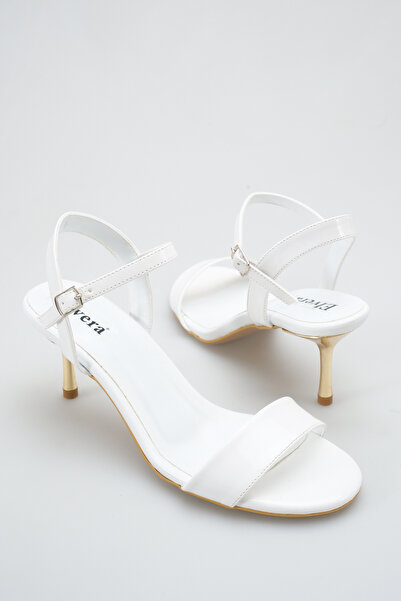 MALENTA Tocuri aurii de damă sandale Piele lacuită albă vârf rotund cu o sing...