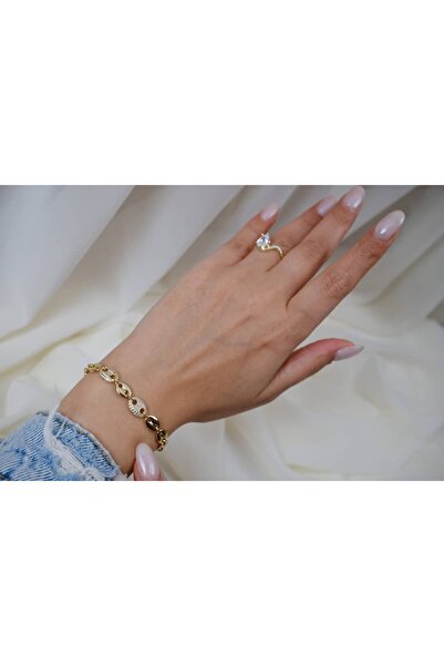 ATELİER TUĞBA Blk225 Oval Stone Detail Gold Chain Bracelet (17 cm + 4 cm Exte...